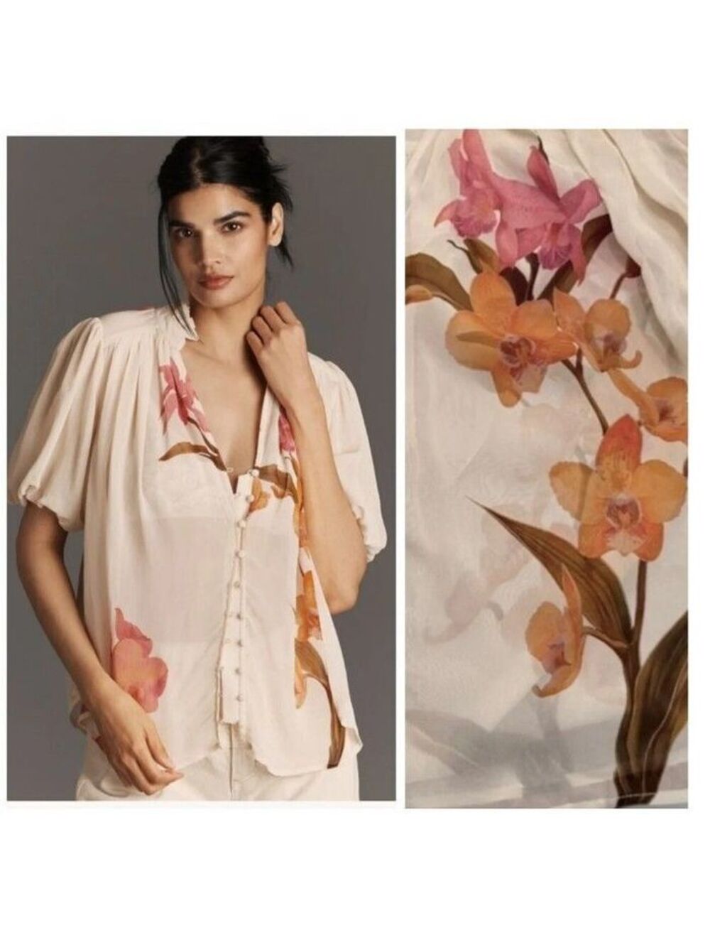 ***SOLD***Anthropologie Estela Sheer Floral Blouse Size S Cream